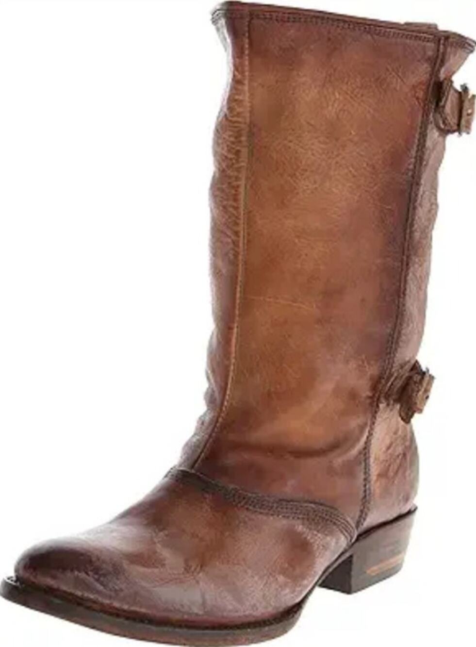 Freebird by Steven Knox Mid Calf Boot Slouch Leather Buckle Stacked Heel Brown 8